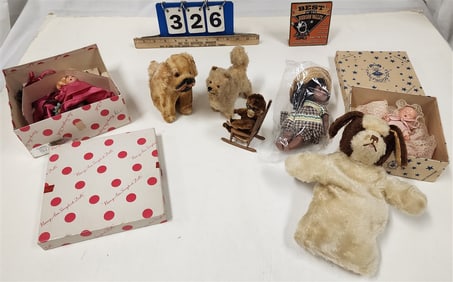 Tray Plush Animal Figures - Dog Puppet, 2 Dogs, Monkey in Chair, 2 Bx'd Dolls - Nancy & Storybook +