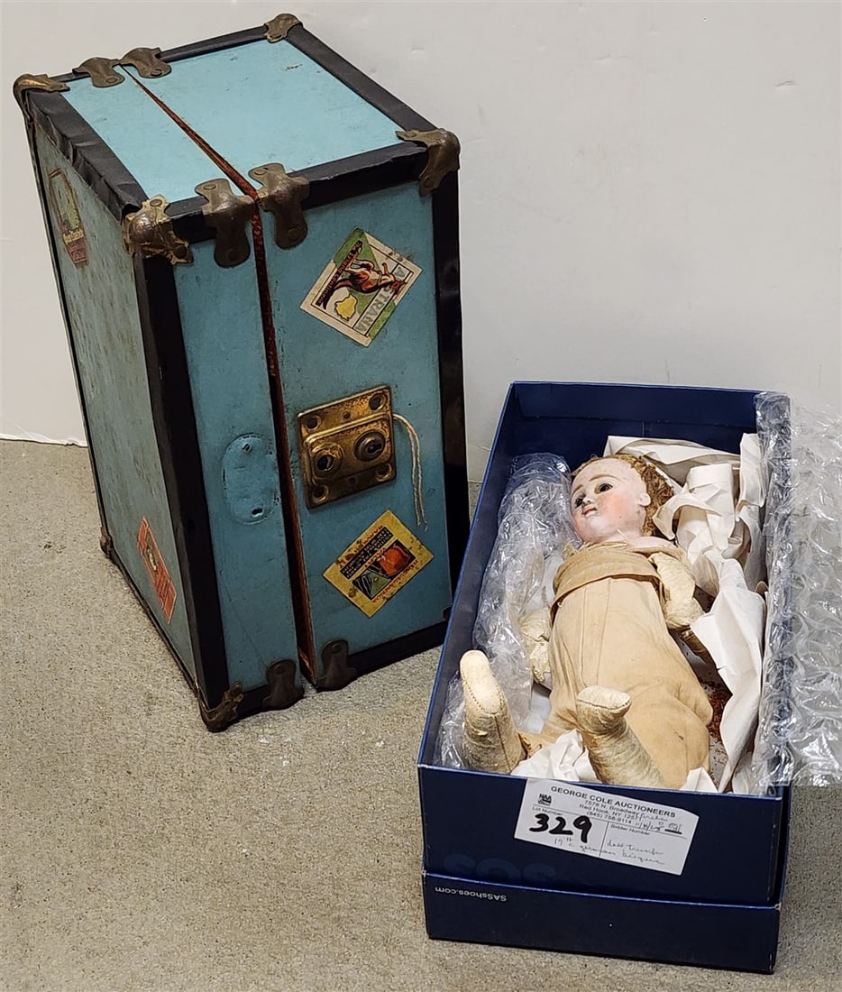 19th C German Bisque Shoulder Mount Glass w/Glass Eyes 13" w/Doll Trunk (1 of 6)