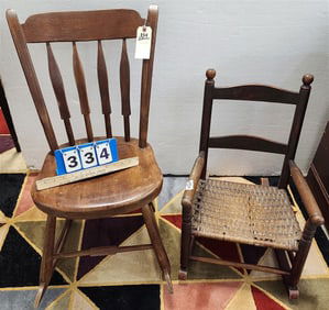 19th C Plank Seat Rocker 30 " H X 15" W X 13" D + Childs 19th C Splint Seat Rocker 15" W X 11" D