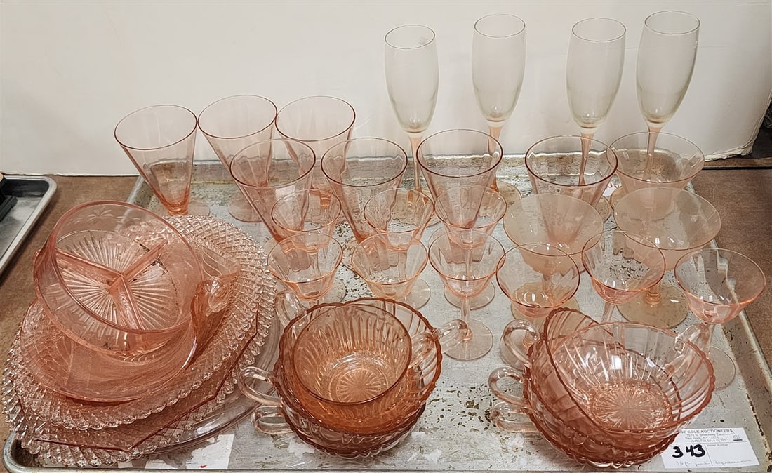 36 Pc. Pink Depression Stemware & Dishes (1 of 6)