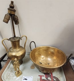 Tray - 19th C Brass Bowl w/Wrought Handles 5" H X 11" Diam., 19th C Copper 2 Handle Vase Lamp 19" H