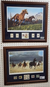 Pr. Framed Horse Lithos Pencil Sgnd Bob Peters w/Horse Stamps 21" X 24 1/2"