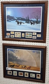 Pr. Framed Horse Lithos Pencil Sgnd Bob Peters w/Horse Stamps 21" X 24 1/2"