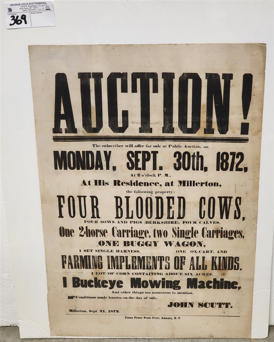 Auction Poster 1872  21" X 14" (1 of 2)