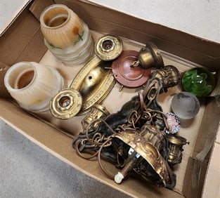 Bx Vinatge Light Fixtures, 5 Glass Shades, 3 Paper Weights