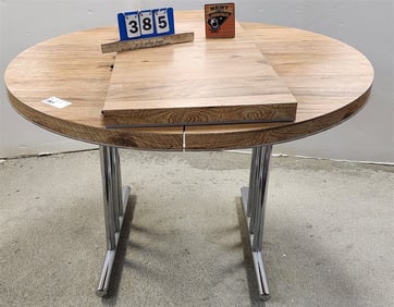 Chrome Base Wooden Top Table w/Leaf 28 1/2" H X 41 1/2" Diam.