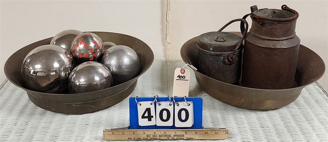 Lot 2 Brass Bowls 4 1/4" H X 17" Diam. + 4" H X 17 1/2" Diam., Covered Copper Pail 5 1/2" X 5 1/2"