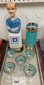 Tray Fred Press Mid Century Glass Pitcher 10 1/2" w/5 Glasses + Jim Beam Decanter 13 1/2"