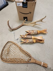 Bx Elk Antler, 3 Folk Art Wooden Fish 13 1/2" + Jim Haney Net