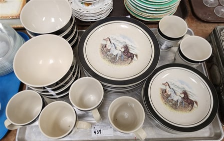 Tray 30 Pc. Folk Craft Stoneware "Running Horses" Dinner ServiceBy Scotty Z