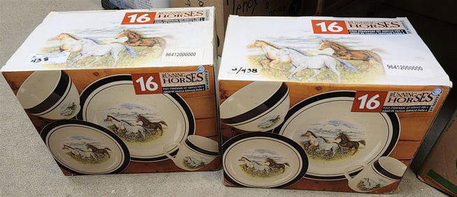 Lot 2 Bx'd Sets Folk Craft Stoneware "Running Horses" Dinner Service For 4 Ea. Bx