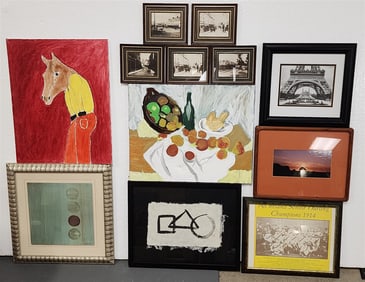 Bx 12 Pcs. Artwork - O/B Abstract Sgnd Karen Lorena Parker, O/B Donkey Man, O/C Still Life Wk On