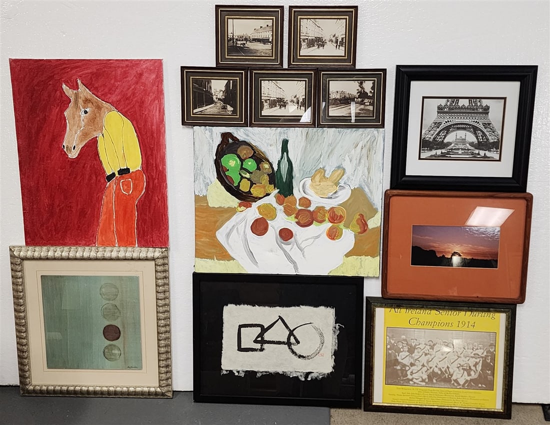 Bx 12 Pcs. Artwork - O/B Abstract Sgnd Karen Lorena Parker, O/B Donkey Man, O/C Still Life Wk On (1 of 4)