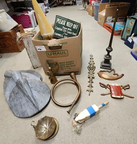 Bx Misc. - Cast iron Base w/Metal Finial 23", Brass Finial 18", 4 Galvanized Pcs. 11" X 10", Brass