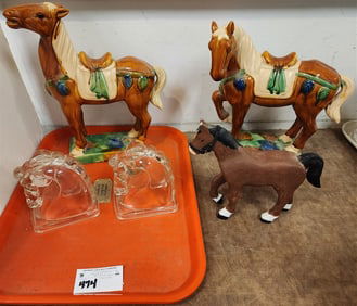 Tray Pt. Chinese Glazed Ceramic Horses 13", Pr. Glass Horse Book Ends 6' + Wooden Horse 8" H x 8