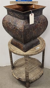 Rattan 2 Tier Stand 22" X 18" Diam. &Embossed Metal Jardinier