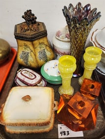 Tray Mid Century Orange Crystal Ashtray & Pr. Candle Sticks, Northwood Carnival Vase, Porcelain