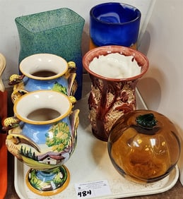 Tray Art Glass Vases 10" + 9 1/2", Italian Ceramic Urns, Beswick Ware Vase, Etc.