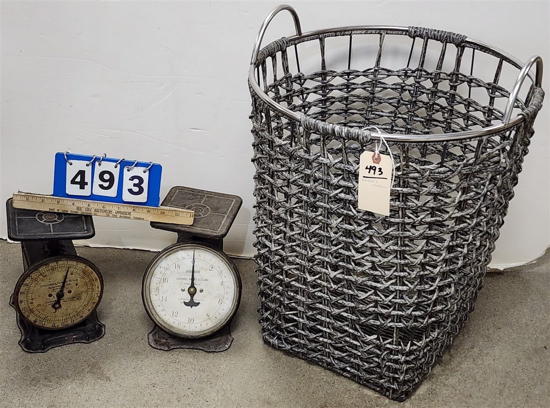 Woven Basket 20 1/2" H x 18" Diam. w/2 Kitchen Scales: Woven Basket 20 1/2" H x 18" Diam. w/2 Kitchen Scales