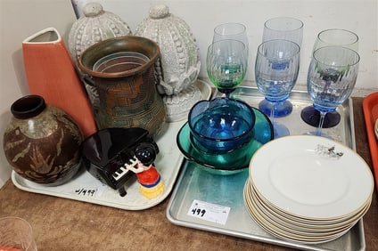 2 Trays - Pottery Vases, 10 Limoges Plates 7 1/2" Diam., Colored Stemware + Bowls, Etc.