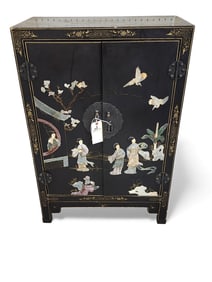 Chinese Lacquer 2 Door Cabinet w/Inset Stone Figures 36" H X 24" W X 12 1/2" D