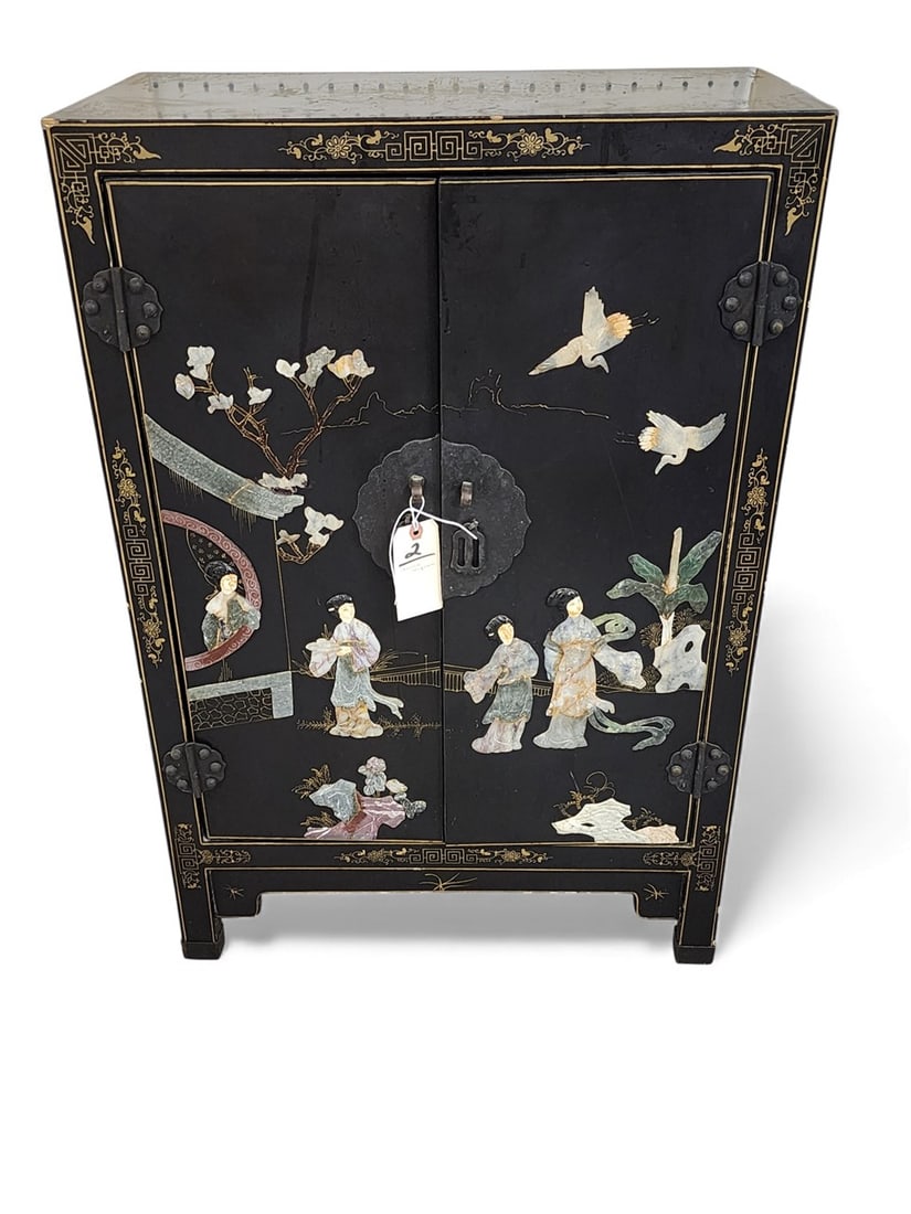 Chinese Lacquer 2 Door Cabinet w/Inset Stone Figures 36" H X 24" W X 12 1/2" D (1 of 6)
