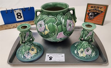 Tray 3 Pc. Roseville Morning Glory - Pr. Candleticks 5", 2 Hand Vase 6 1/4"