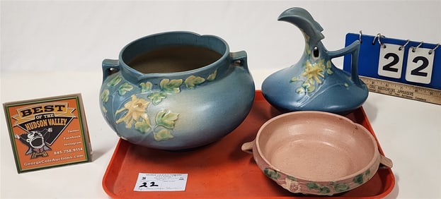 Tray 3 Pc. Roseville Columbine - Vase 655-6", Pitcher 18-7" + Bowl 401-6" (Small Hairline Crack On