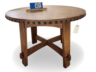 Stickley Mission Style Oak 42" Diam Leather Top Center Table (Leather is Distressed On One Edge)