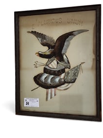 Framed Folk Art Feather Art E Ploribus Unum 16 3/4" X 13 1/2" w/Frame 18 1/4" X 15"