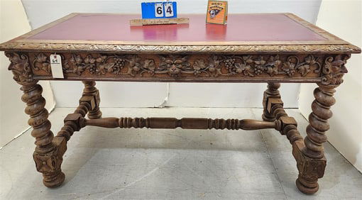 19th C Carved Walnut 1 Drawer Library Table 30" H X 55" W X 30" D