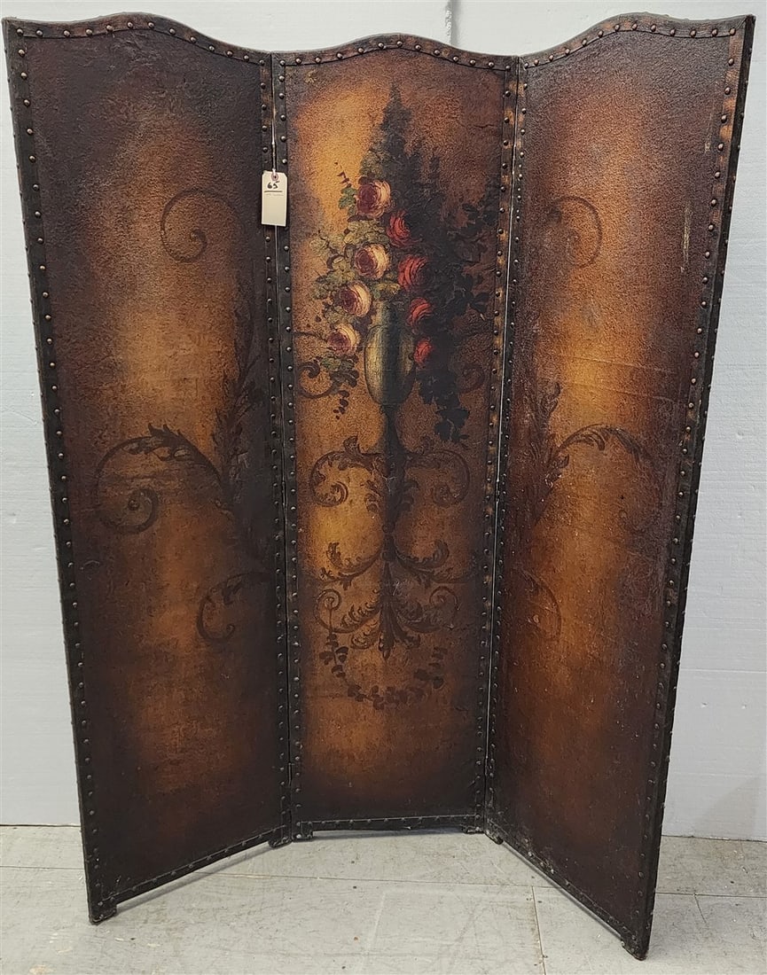 3 Fold Painted Leather Screen 68" H, Each Panel-18" W (1 of 2)
