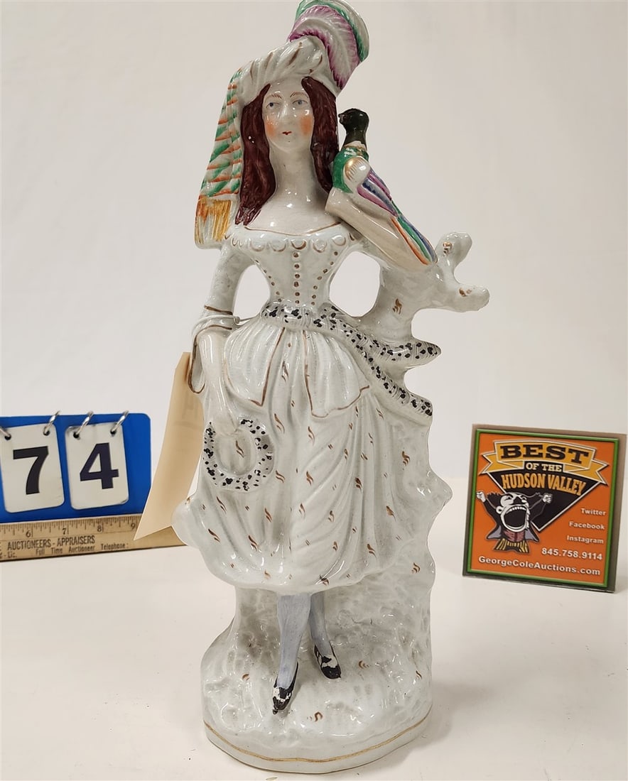 Vintage Staffordshire Figure Woman w/Bird 14": Vintage Staffordshire Figure Woman w/Bird 14"