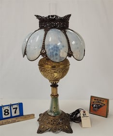 Victorian Bradley & Hubbard Oil Lamp w/ Opalescent Panel Shade Elec. (1 Panel Cracked)