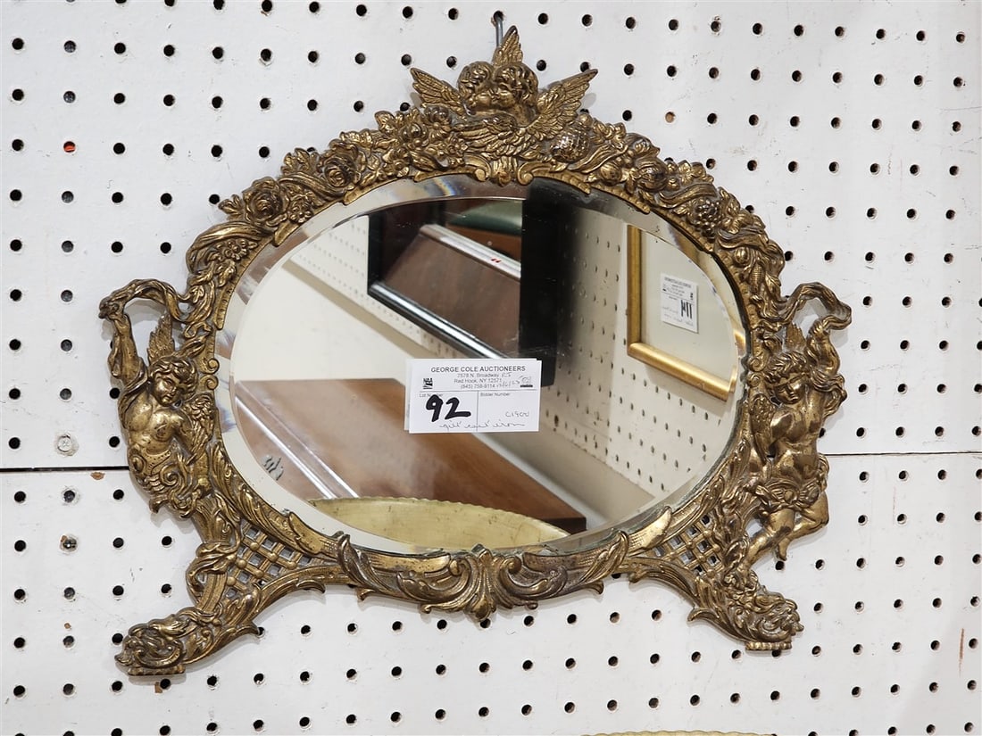 Vintage Gilt Cast Iron Framed Bevelled Mirror Marked NB&W 14" H X 16 3/4" W (1 of 2)