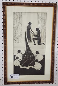 Original Framed Pen & Ink Drawing  "Kiss For Cinderella"  Sgnd Agnes Lee 18" X 9" w/Frame 23" X 14