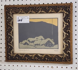 Framed Wood Block Print "Fabodvallen" Sgnd Victor Jernbergh 8 1/2" X 10 3/4" w/Frame 12 3/4" X 14