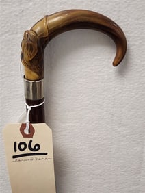 Vintage Cane w/Carved Horn Handle w/Image Of A Dog