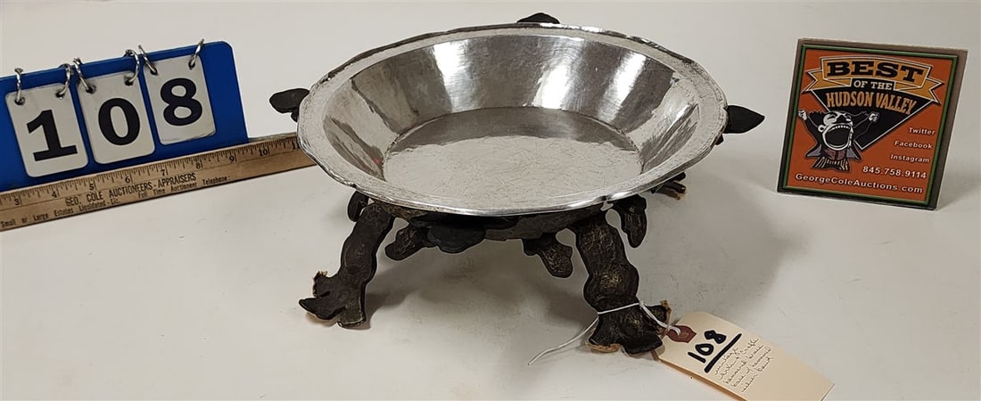 Vintage Arts & Crafts Hammered Brass Base 4 1/4" H X 12 3/4" Diam. + Handmade Hammered Silver Bowl 2: Vintage Arts & Crafts Hammered Brass Base 4 1/4" H X 12 3/4" Diam. + Handmade Hammered Silver Bowl 2 3/4" X 10 3/4" Diam.