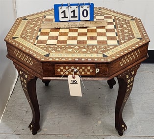 Indo Bone & Teak Inlaid Chess Table w/1 Drawer 18 1/2" H X 24" Diam.