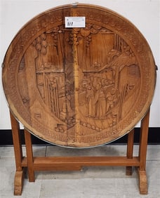 Asian Carved Teak Tilt Top Table 20" H X 24 " Diam.