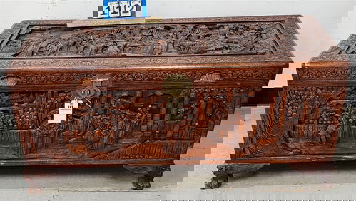 19th C Hand Carved Chinese Camphor Wood Chest 22" H X 4' W X 21" D (Carved On All Sides)