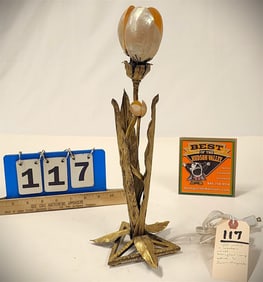 Gilt Metal Nenuphar Lamp Attributed To Louis Majorelle w/Abalone Shell Shades 14 1/2" H