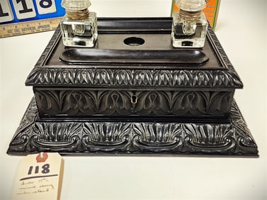 19th C Indo Carved Ebony Ink Stand 6 1/2" H X 12 1/2" W X 10 1/2" D