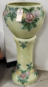 Roseville Rozane Jardenier & Pedestal - 2 Small Chips On Leaf + Rose