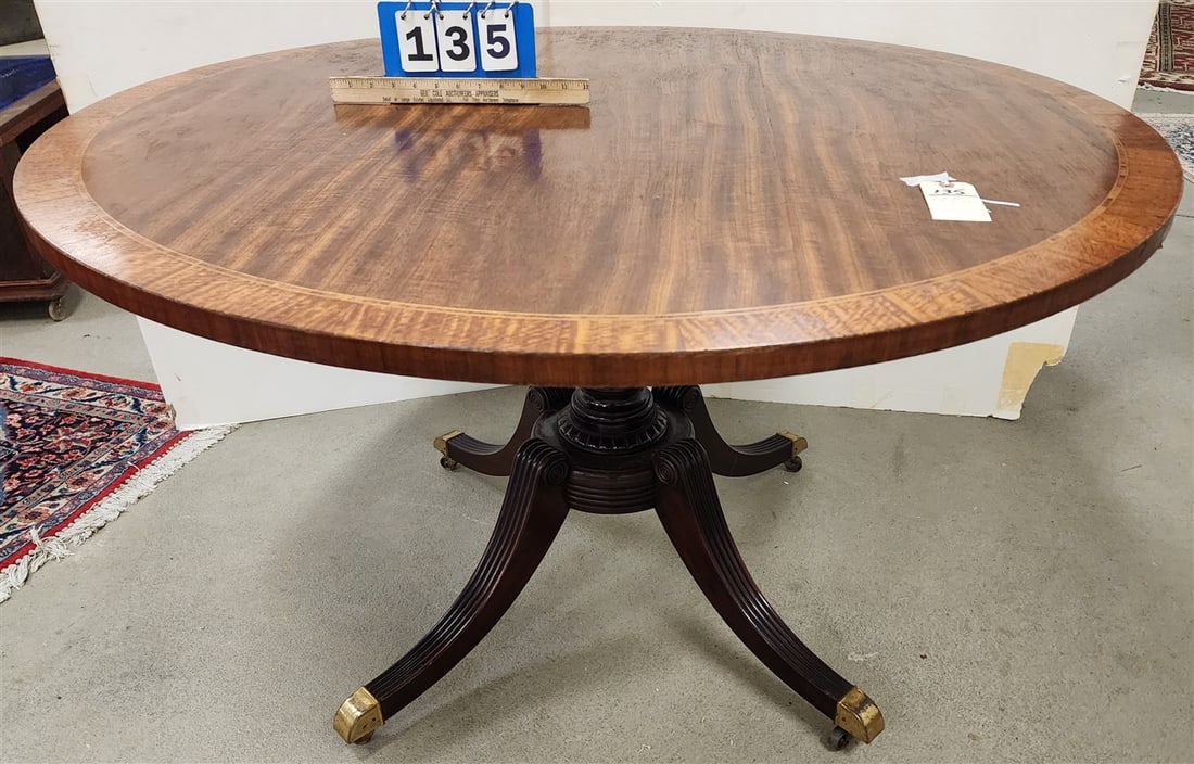 Baker Furn. Regency Style Mahog w/Satinwood Inlay Pedestal Base Table 29" H X 4' D (1 of 5)