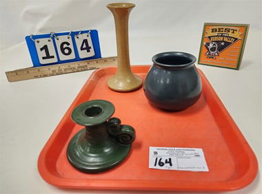 Tray 3 Marblehead Pottery - Candlestick 7", Chamberstick 2 1/2" + Vase 3 1/2" (From Zulma P. Steele