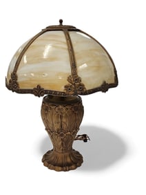 Vintage Metal Base Table Lamp w/Slag Glass Shade 22" H X 16" Diam.