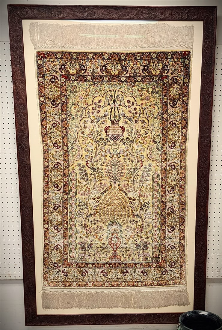 Framed Qum Silk Rug 4'9" X 2'6" w/Frame 64 1/2" X 38 1/2" (1 of 7)