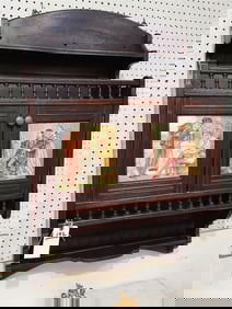 Victorian Wlanut Hanging Cabinet w/Art Tiles 42" H X 25 3/4" W X 11 1/4" D